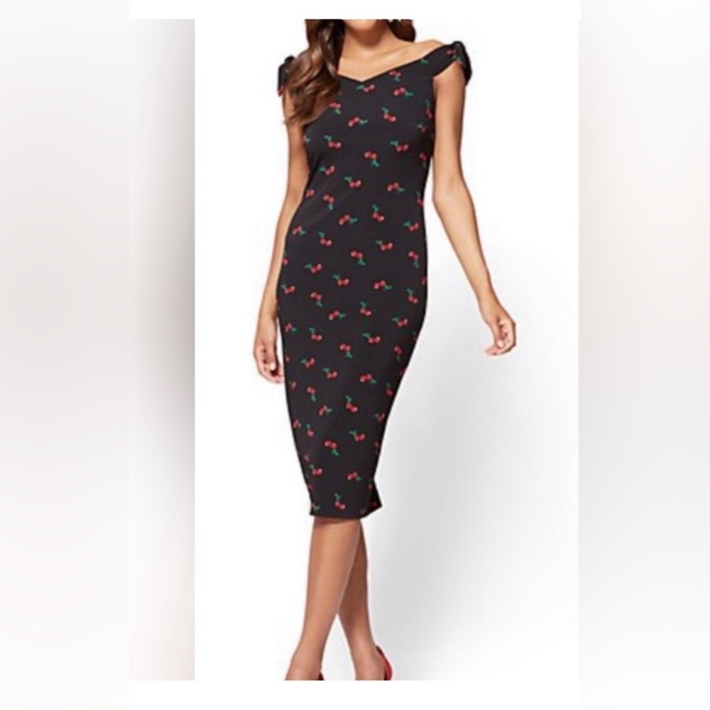 Cherry Print Black Midi Dress with Tie detail S leeve